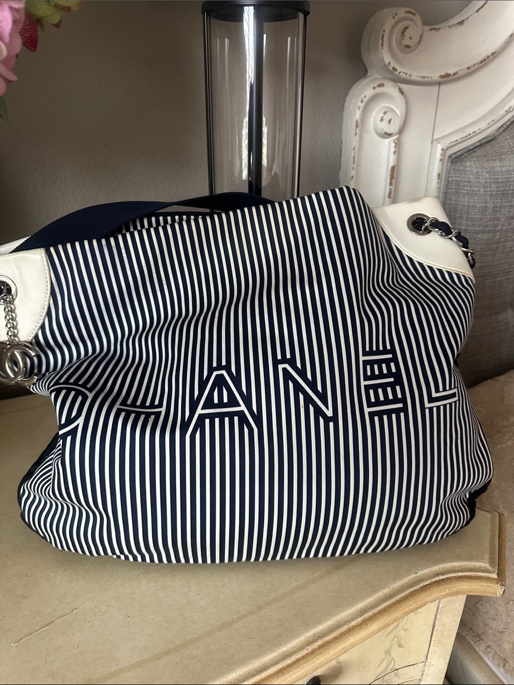 CHANEL Navy & White Striped Logo Tote